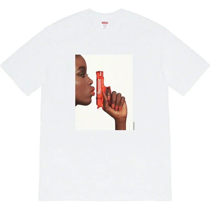 Supreme White T-Shirt: Woman & Red Toy Gun Graphic