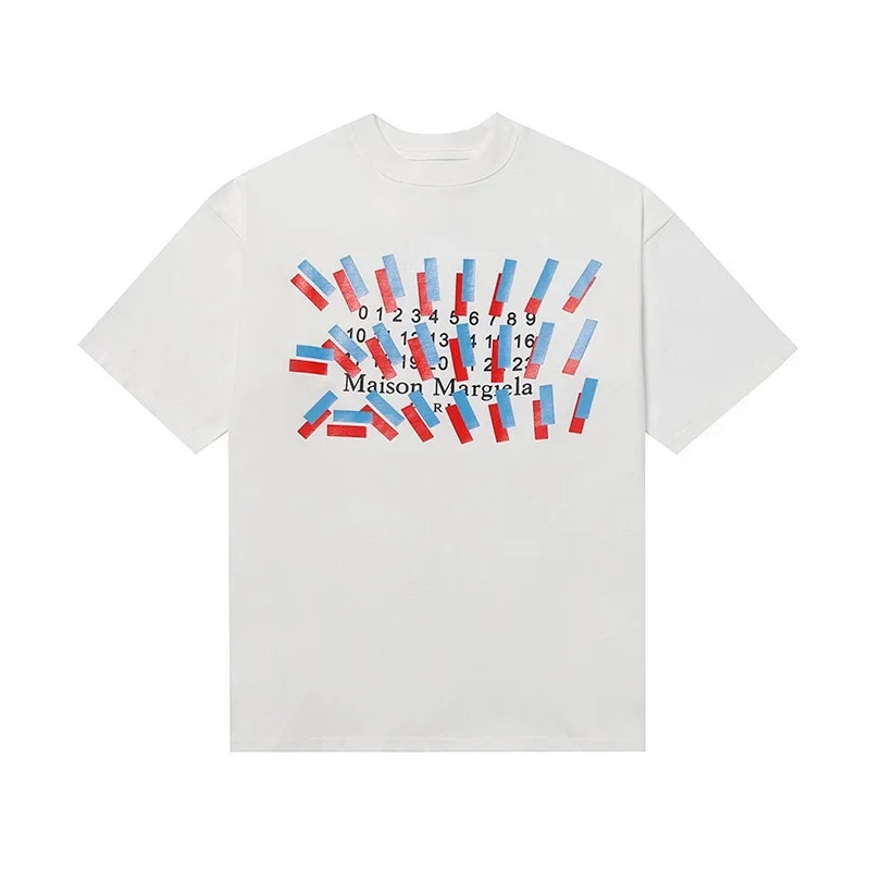 Maison Margiela White Red Blue Stripes Number Text Print T-Shirt