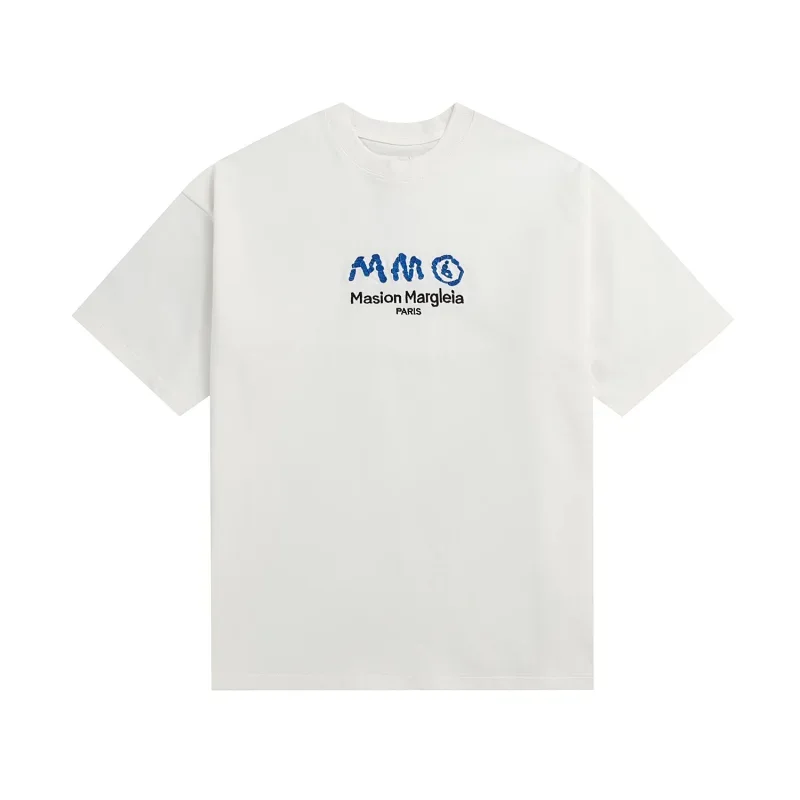 Masion Margiela White Blue MM6 Brand Text Print T-Shirt