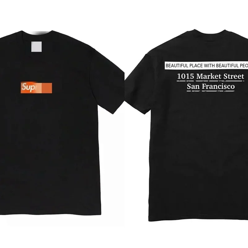 Sup Black T-Shirt Front Orange Logo Back SF Address Text