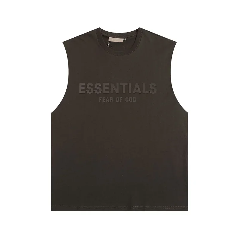 FEAR OF GOD Black Sleeveless T-Shirt with ESSENTIALS Embossed Text