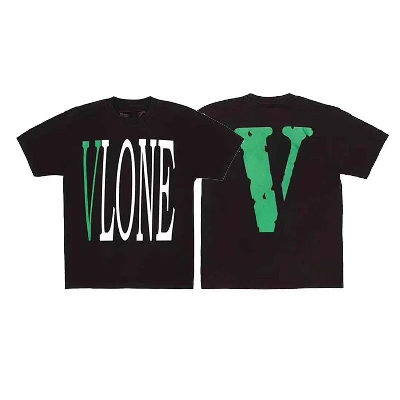 VLONE Black T-Shirt: Green & White Front, Green V Back