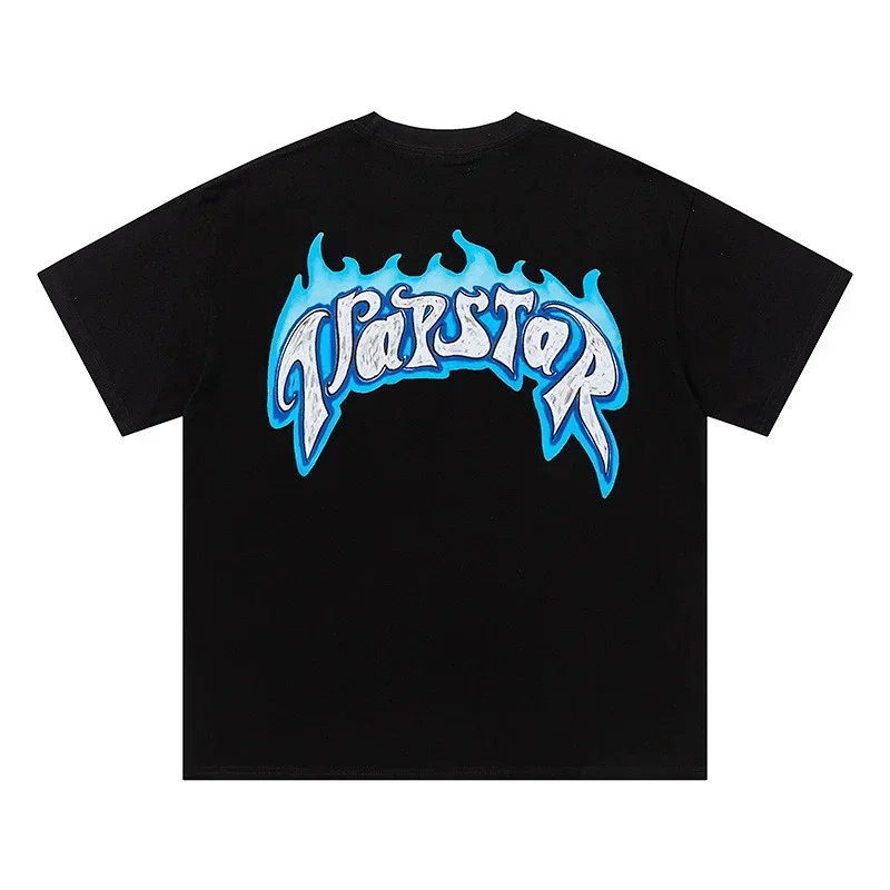 Warstar Black T-Shirt: Blue Flame & White Graphic