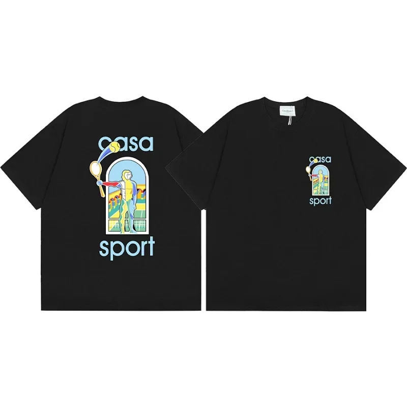 casa Black T-Shirt: Front Small, Back Large "Casa Sport" Tennis Graphic