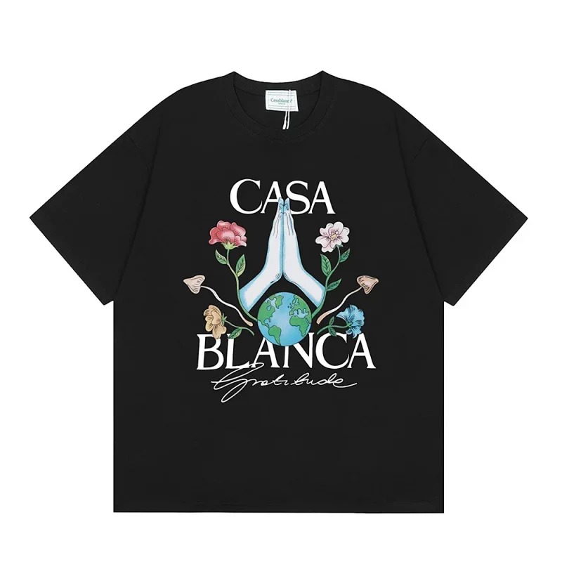 CASA BLANCA Black T-Shirt: Praying Hands, Earth & Flora