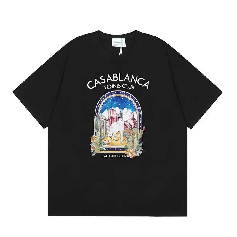 CASABLANCA Black T-Shirt with White Rabbit Graphic