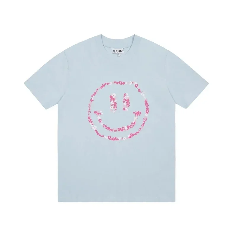GANNI Light Blue Pink White Floral Smiley Face T-Shirt