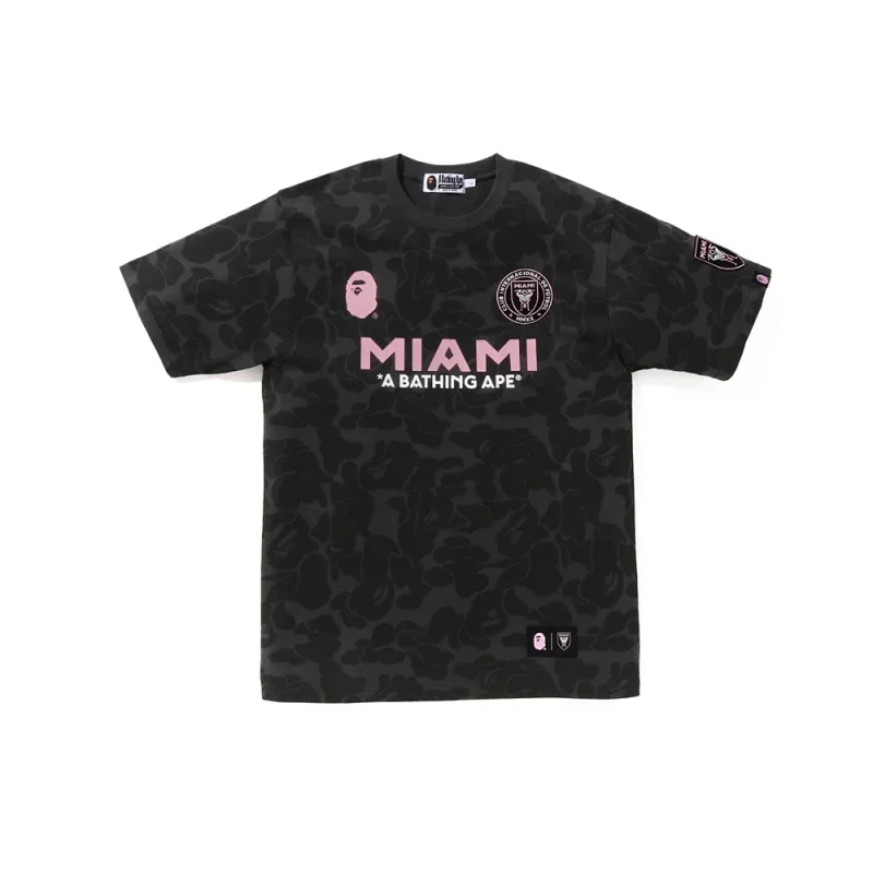 A BATHING APE x Inter Miami Black Camo Pink Logo Text T-Shirt