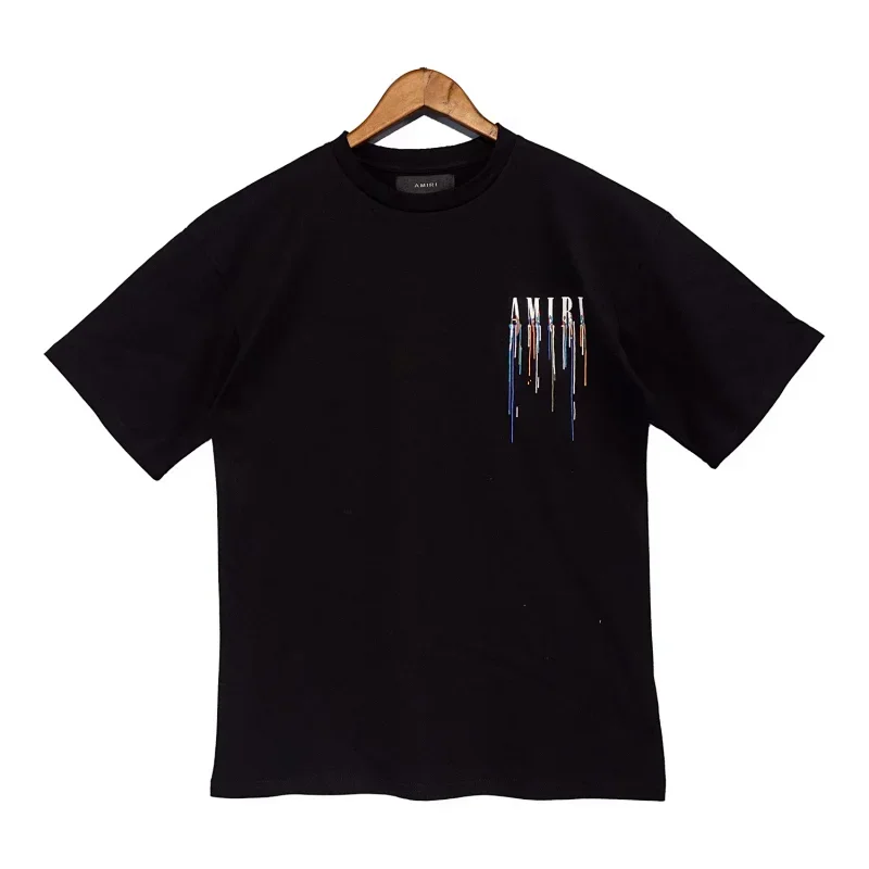 AMIRI Black Chest AMIRI Logo Colorful Drip Design T-Shirt