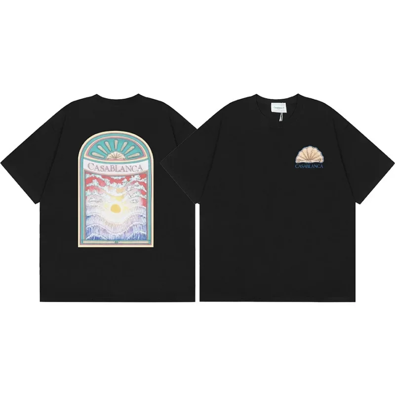 Casablanca Black T-Shirt with Sunrise Wave & Shell Embroidery