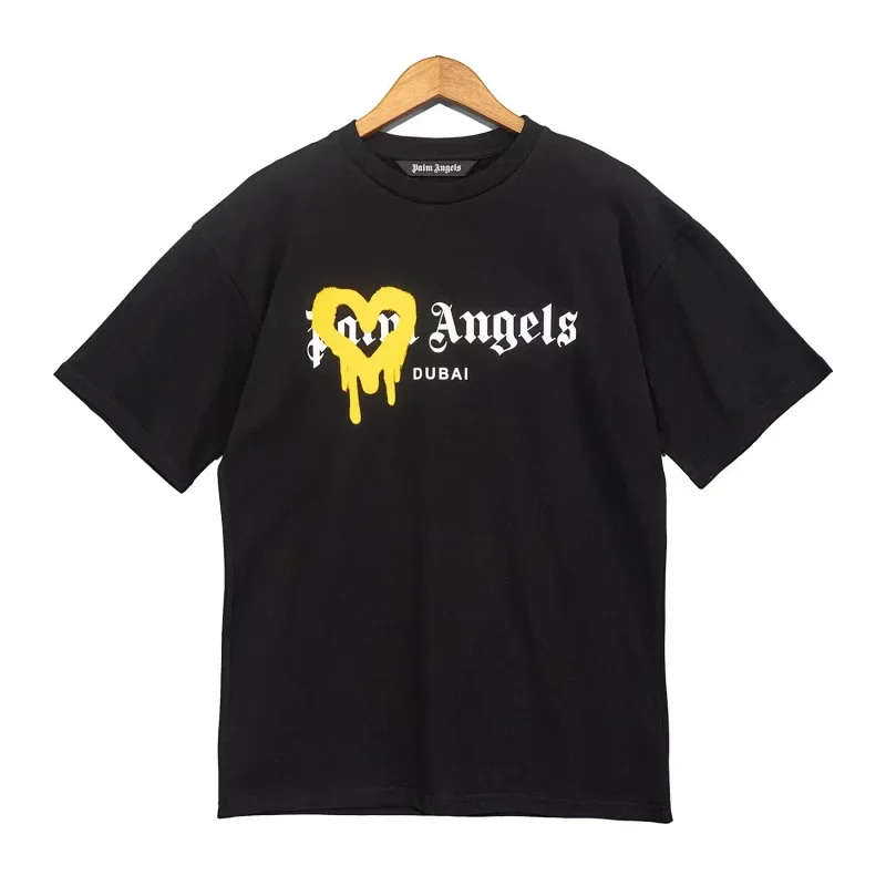 Palm Angels Black T-Shirt: Yellow Drip Heart & Dubai Gothic