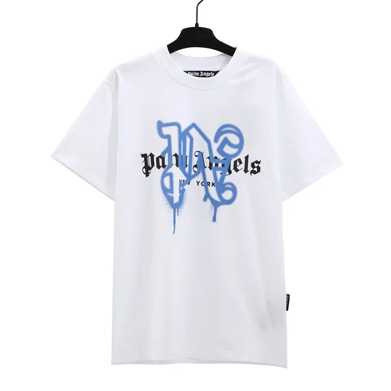 Palm Angels White Blue Graffiti Logo Text T-Shirt