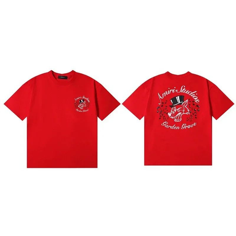 Amiri Red T-Shirt: Wolf in Top-Hat Graphic