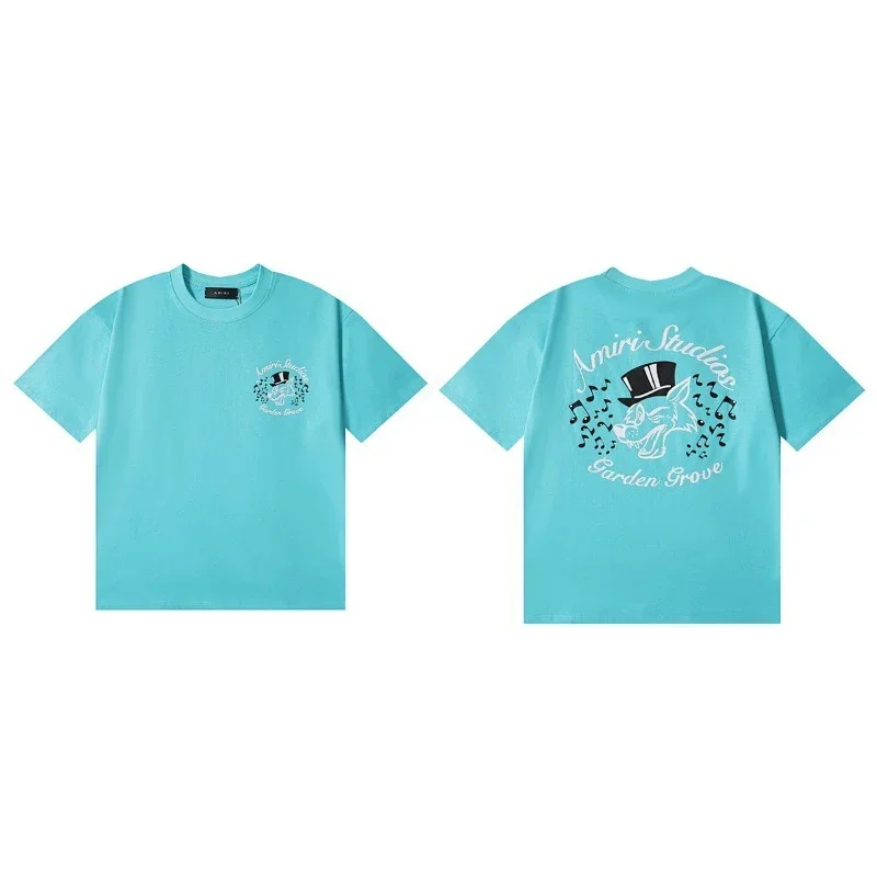 Amiri Turquoise Front Small Graphic Back Wolf Top Hat Music Notes Prints T-Shirt