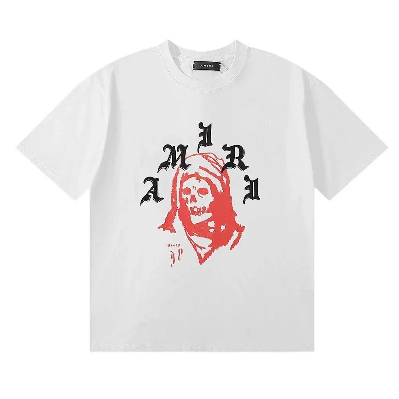 AMIRI White T-Shirt: Red Skull & Black Lettering