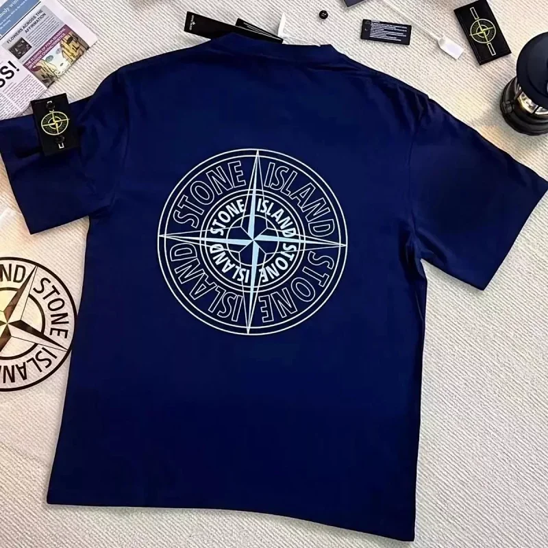 Stone Island Navy Blue Repeated Compass Logo Back T-Shirt
