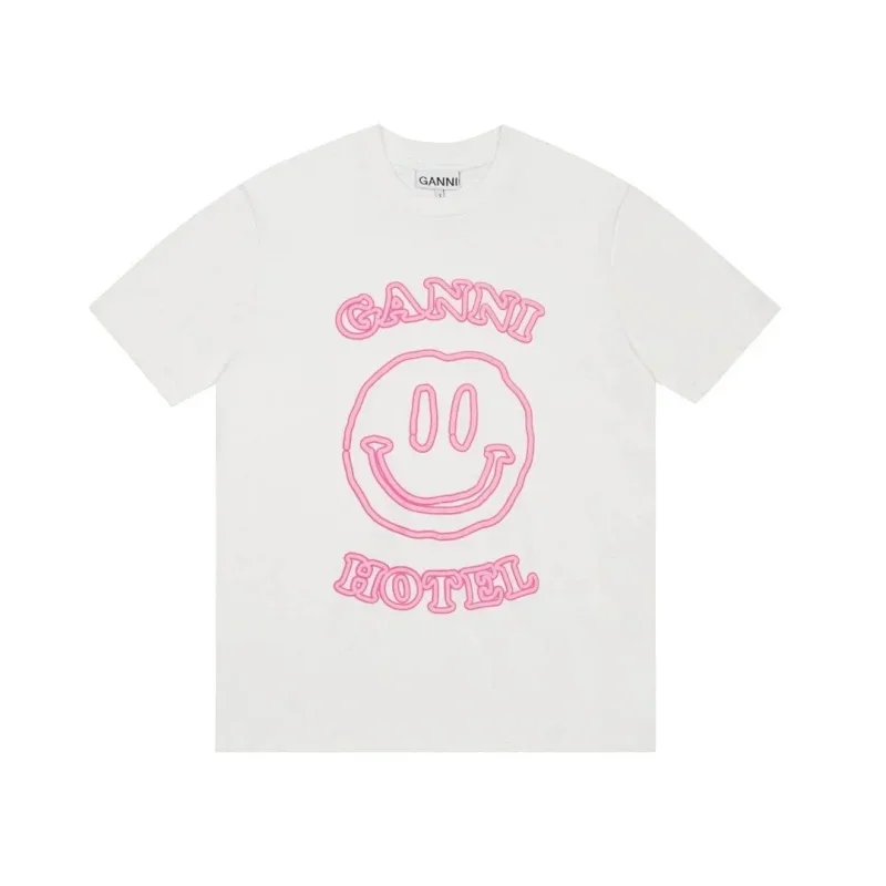 GANNI White T-Shirt with Pink Lettering & Smiley