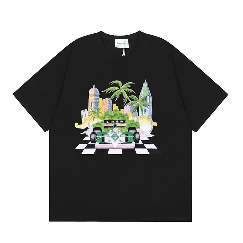 Casablanca Black T-Shirt: Racing Car & Cityscape