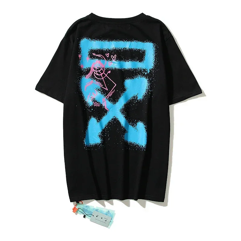 OFF-WHITE Black T-Shirt Blue Spray Arrow & Pink Print