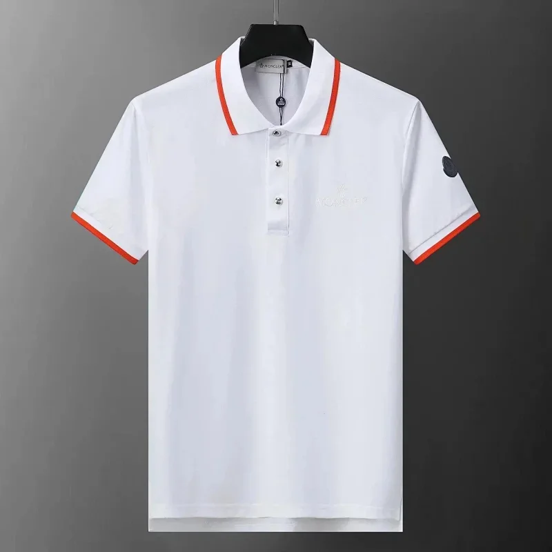 Moncler White Polo Red Trim Collar Cuffs Button-Front Logo Embroidery T-Shirt