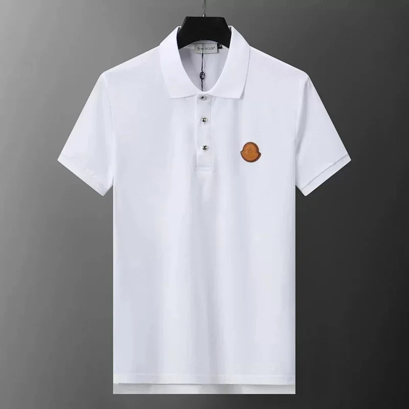 Moncler White Polo Button Placket Leather Logo Badge T-Shirt