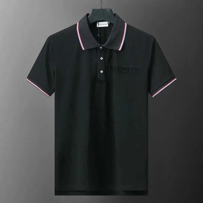 MONCLER Black Polo Striped Collar Cuff Embroidered Logo T-Shirt