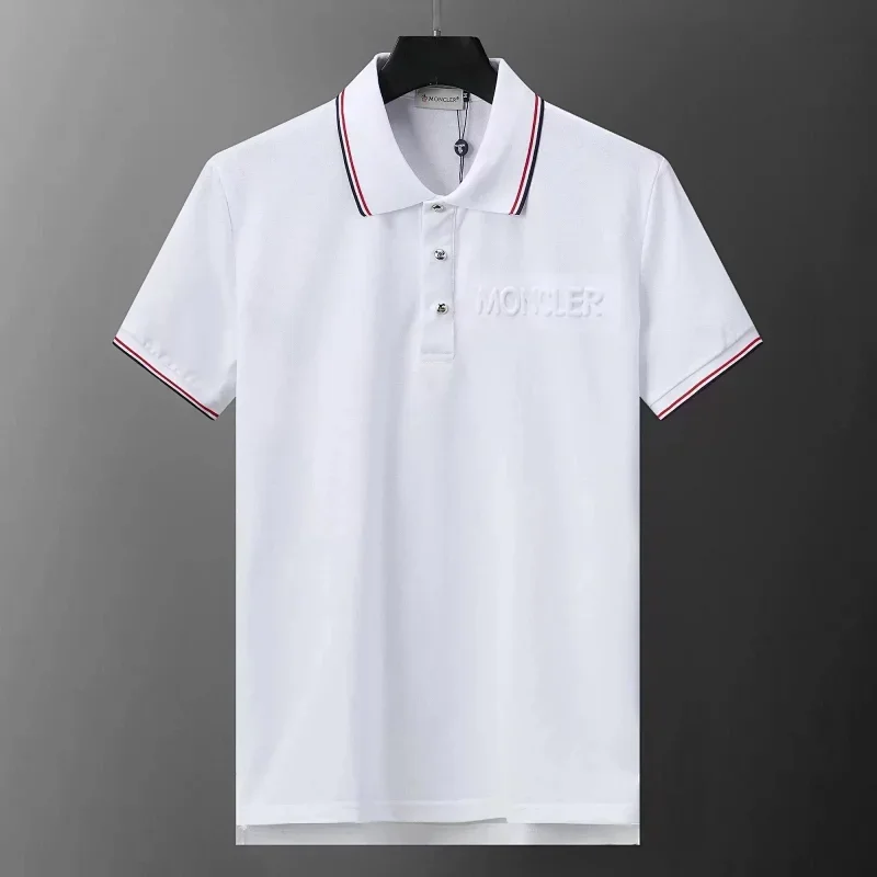 Moncler White Polo Striped Collar Cuffs Embroidered Logo T-Shirt