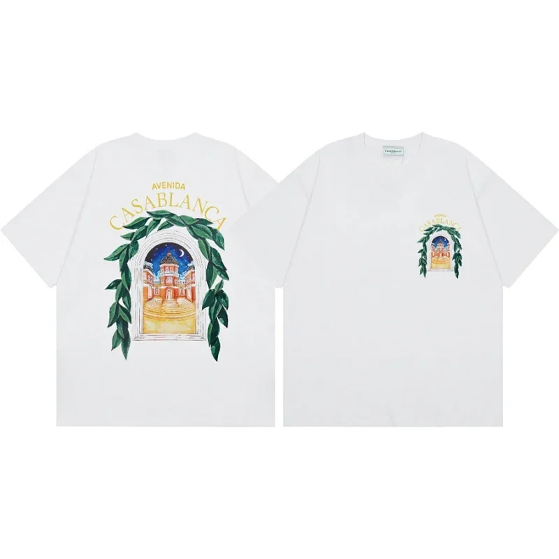 Casablanca White T-Shirt: Avenida Print & Green Leaves
