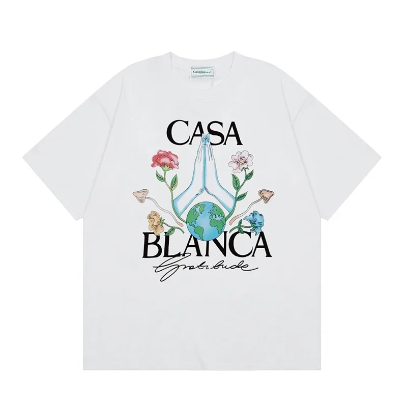 CasaBlanca White T-Shirt: Earth, Praying Hands & Gratitude
