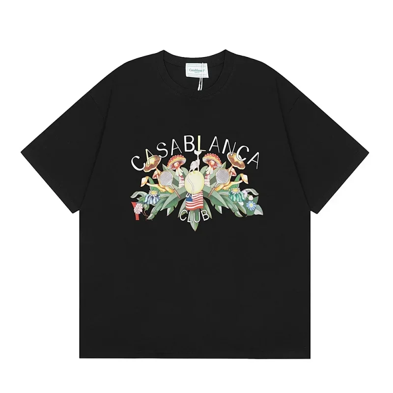 Casablanca Black T-Shirt Floral Tennis Print