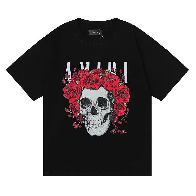 AMIRI Black Skull and Red Roses Print T-Shirt