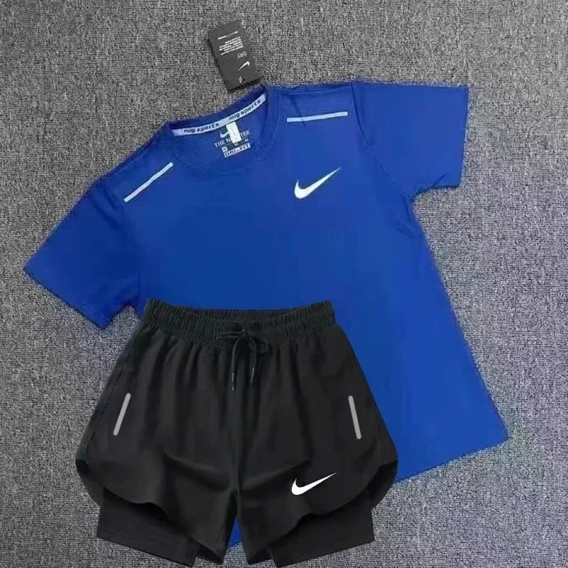 Nike Blue T-Shirt Black Shorts Reflective Strips Sports Set