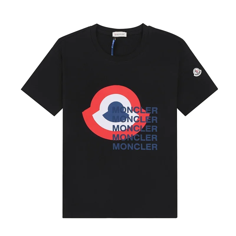 Moncler Black Red-White Circular Pattern Repeated Moncler Text T-Shirt