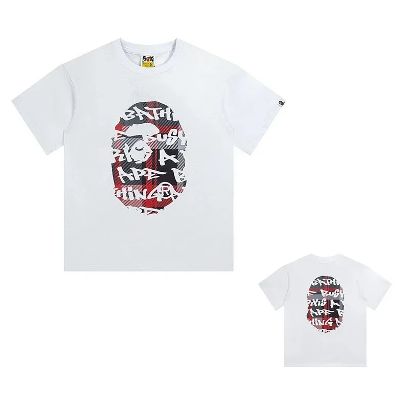 BAPE White T-Shirt Ape Head Graphic Plaid Graffiti