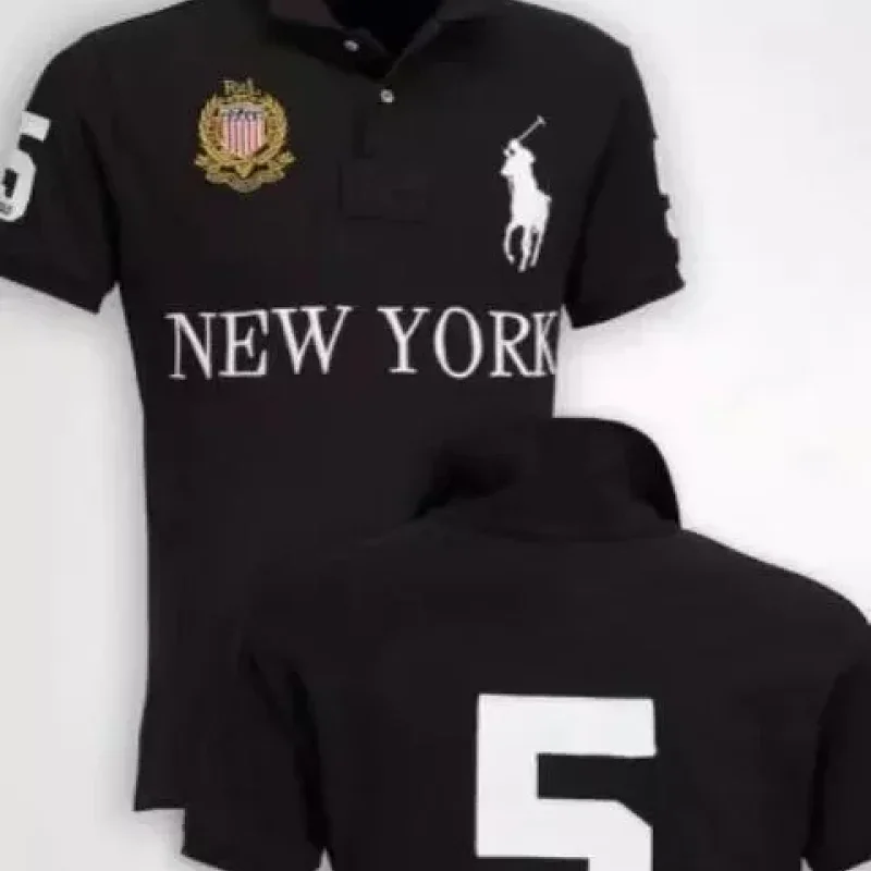 Polo Black T-Shirt: New York, Horse Logo, 5 & Emblem